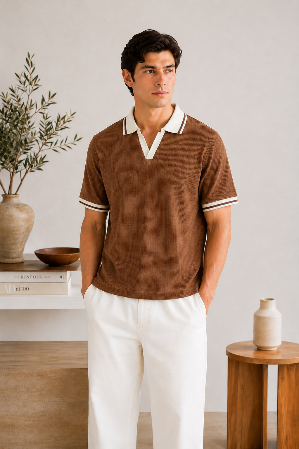 Camel Waffle Johnny Collar Polo - Smart Fit  - Men