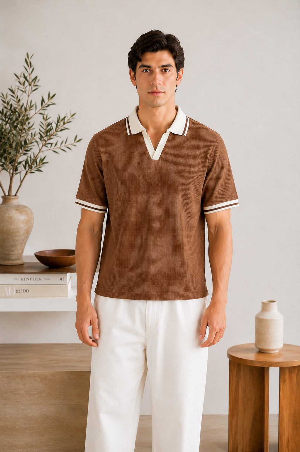 Camel Waffle Johnny Collar Polo - Smart Fit  - Men