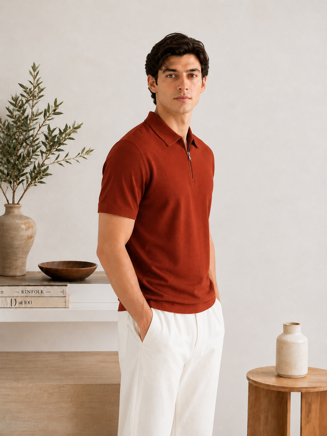 Rust Waffle Zipper Polo - Men