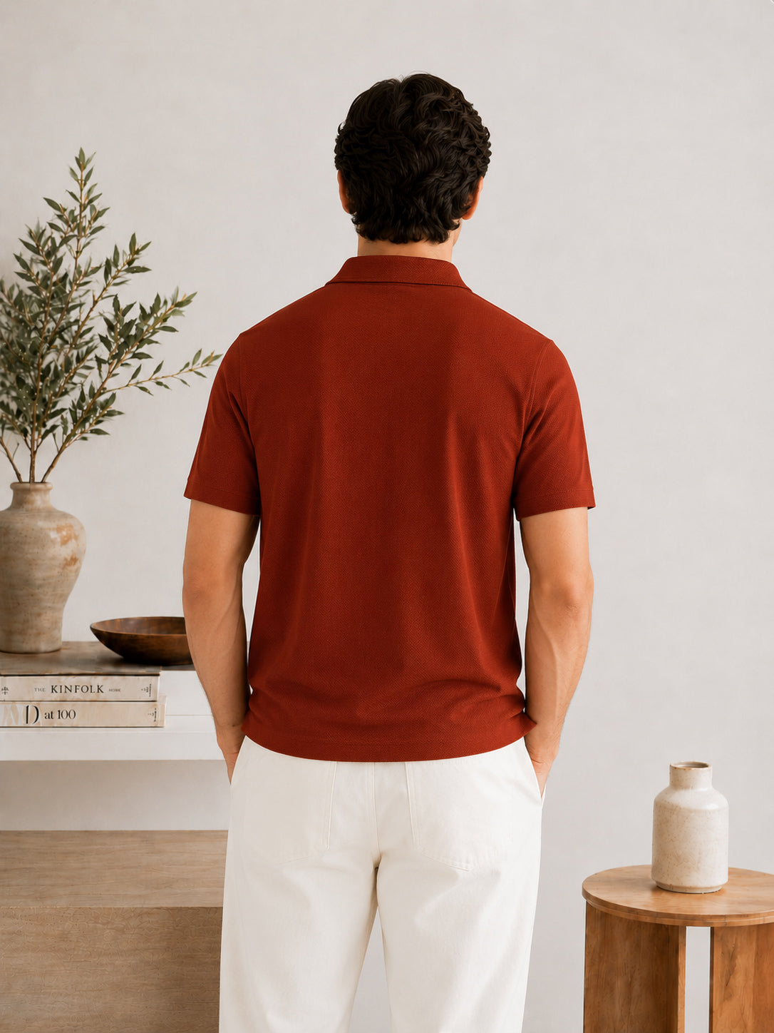 Rust Waffle Zipper Polo - Men