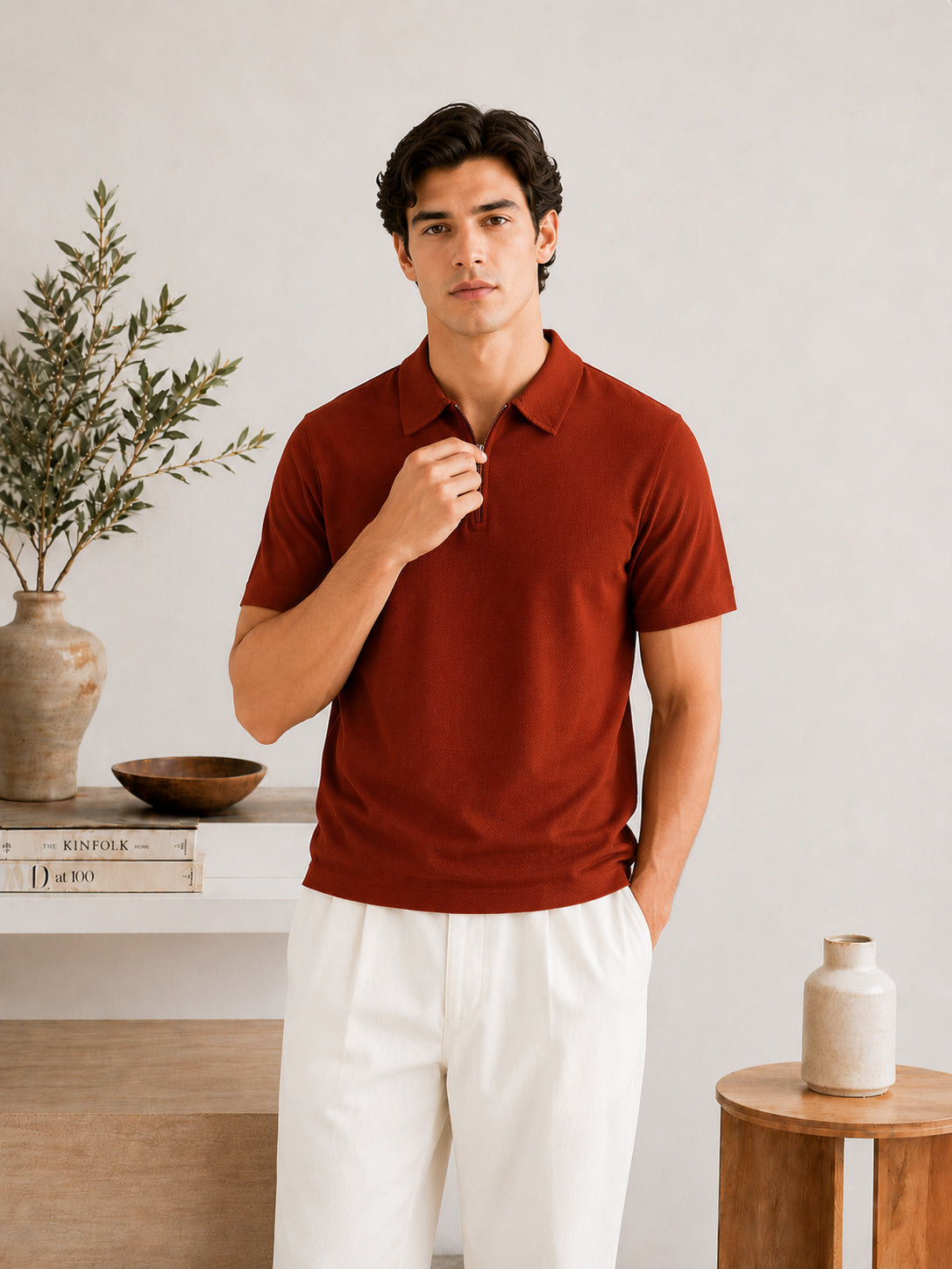 Rust Waffle Zipper Polo - Men