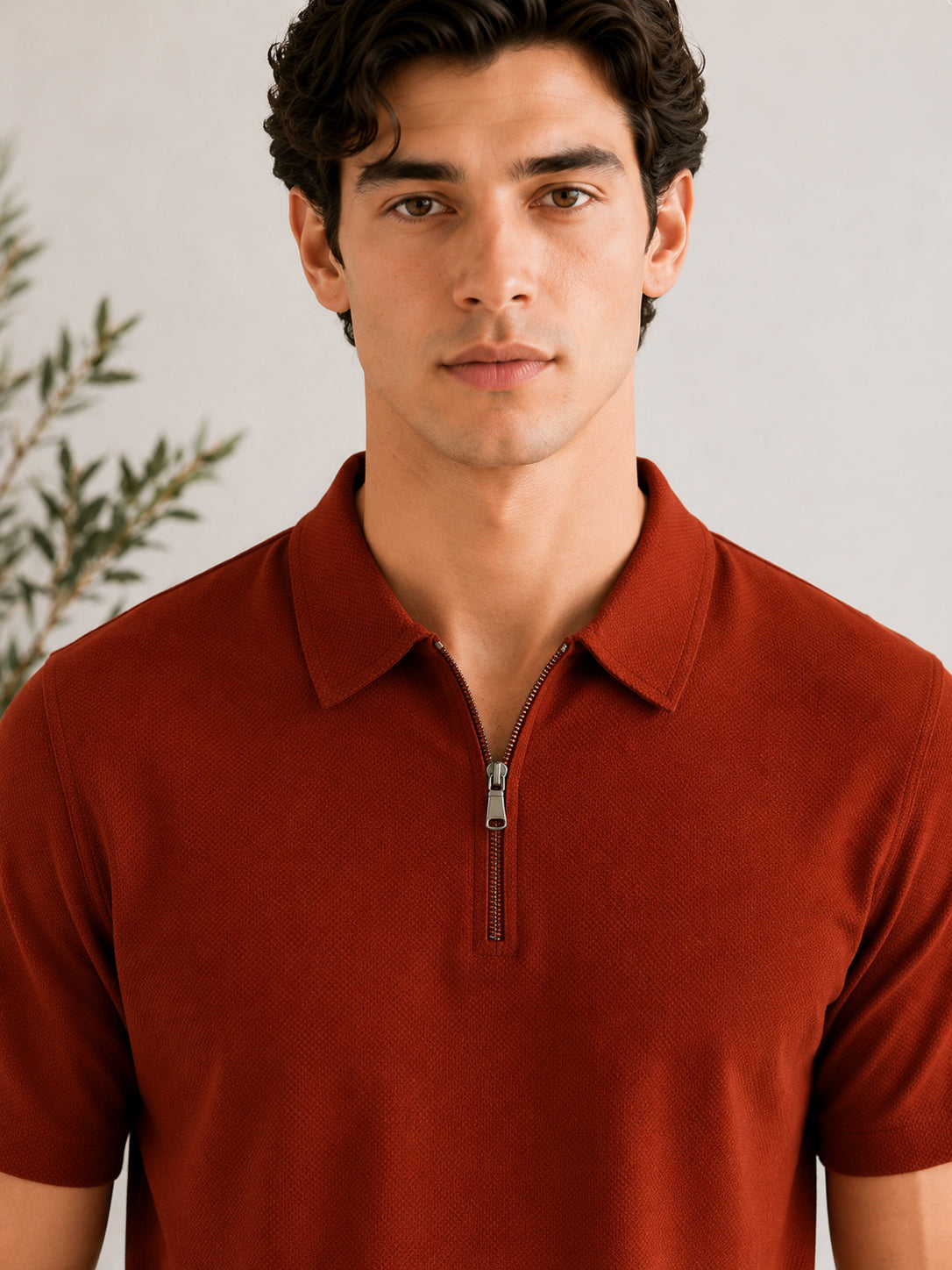 Rust Waffle Zipper Polo - Men