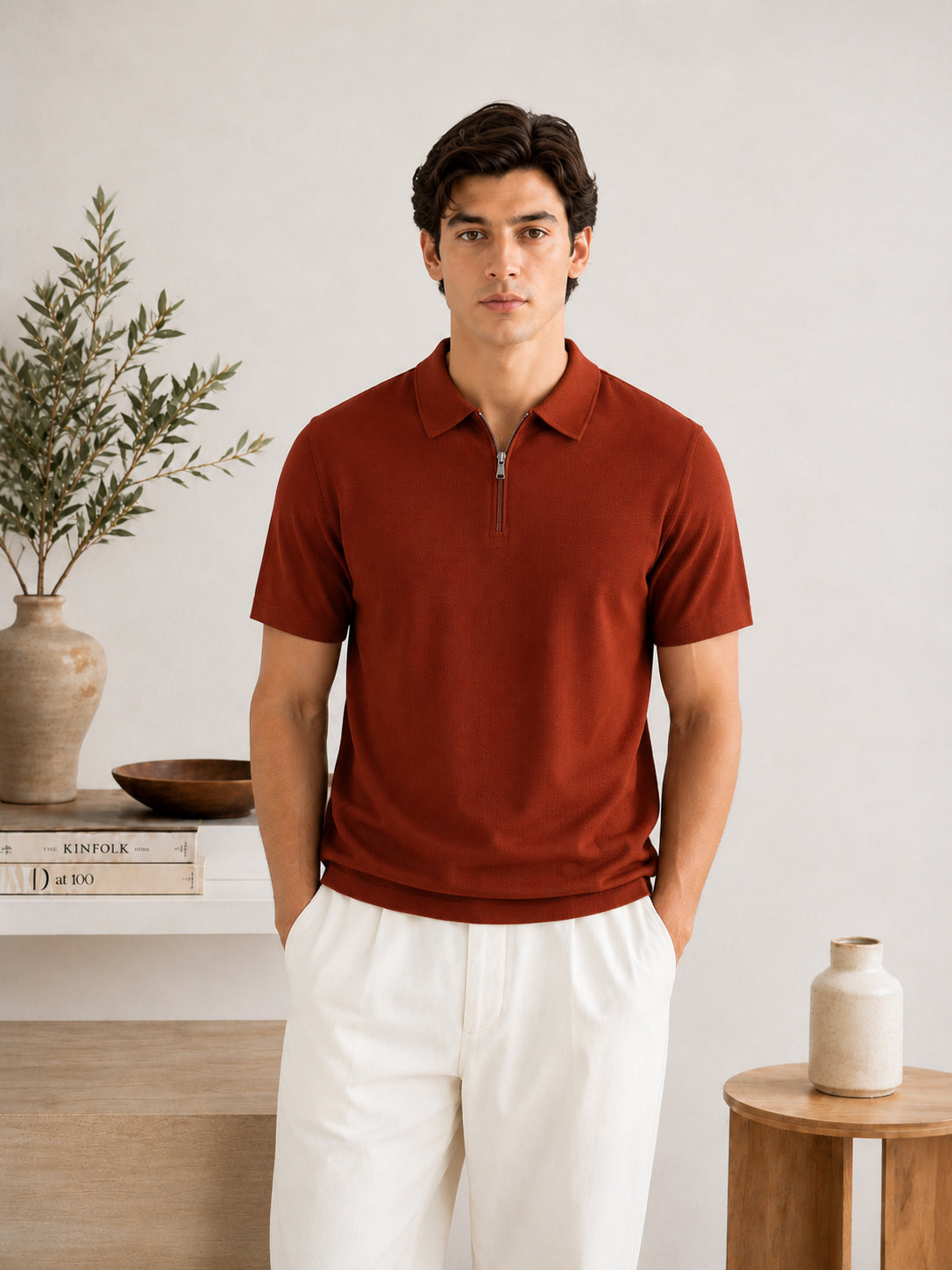 Rust Waffle Zipper Polo - Men