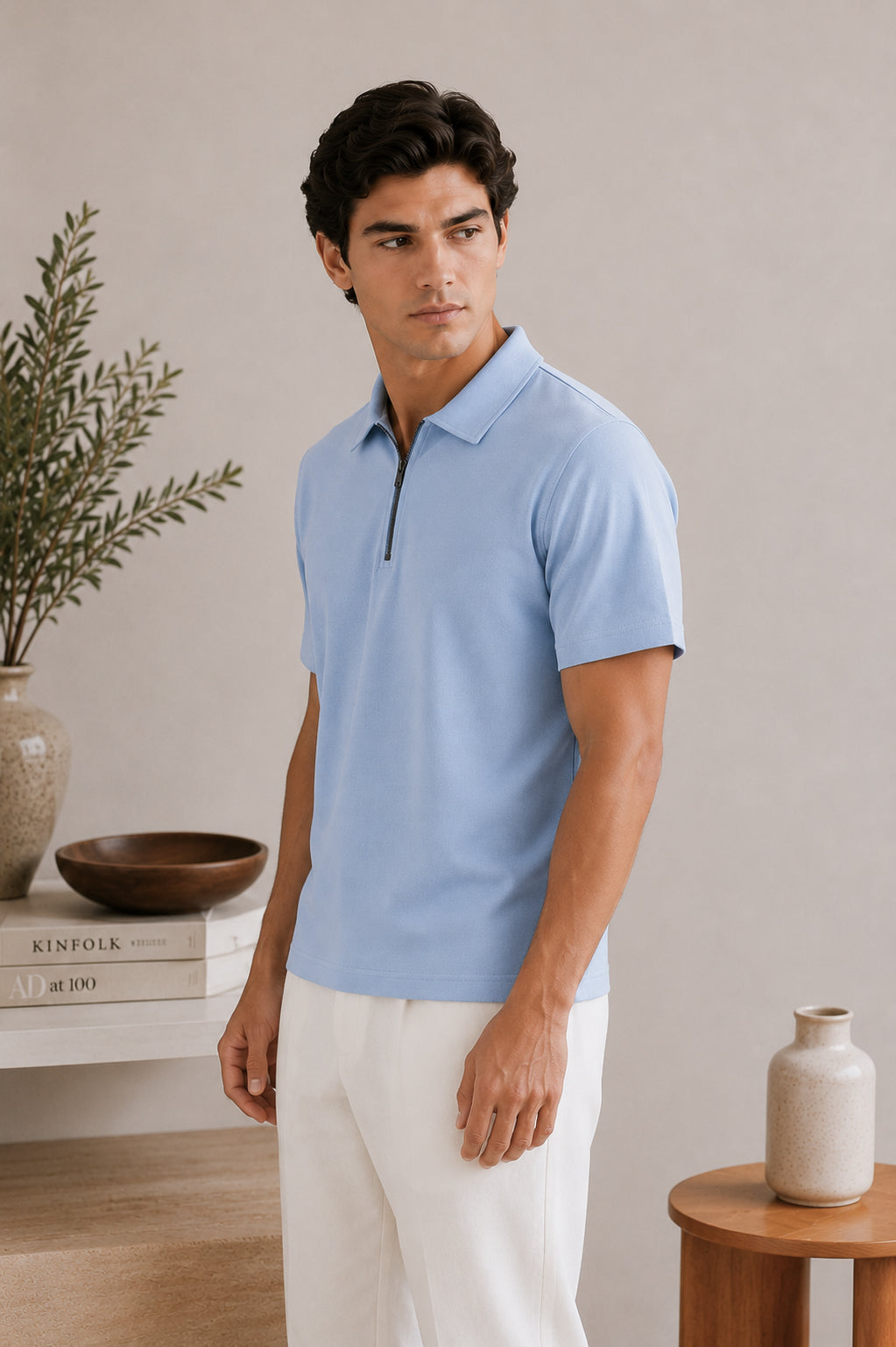 Sky Blue Basic Zipper Polo - Smart Fit- Men
