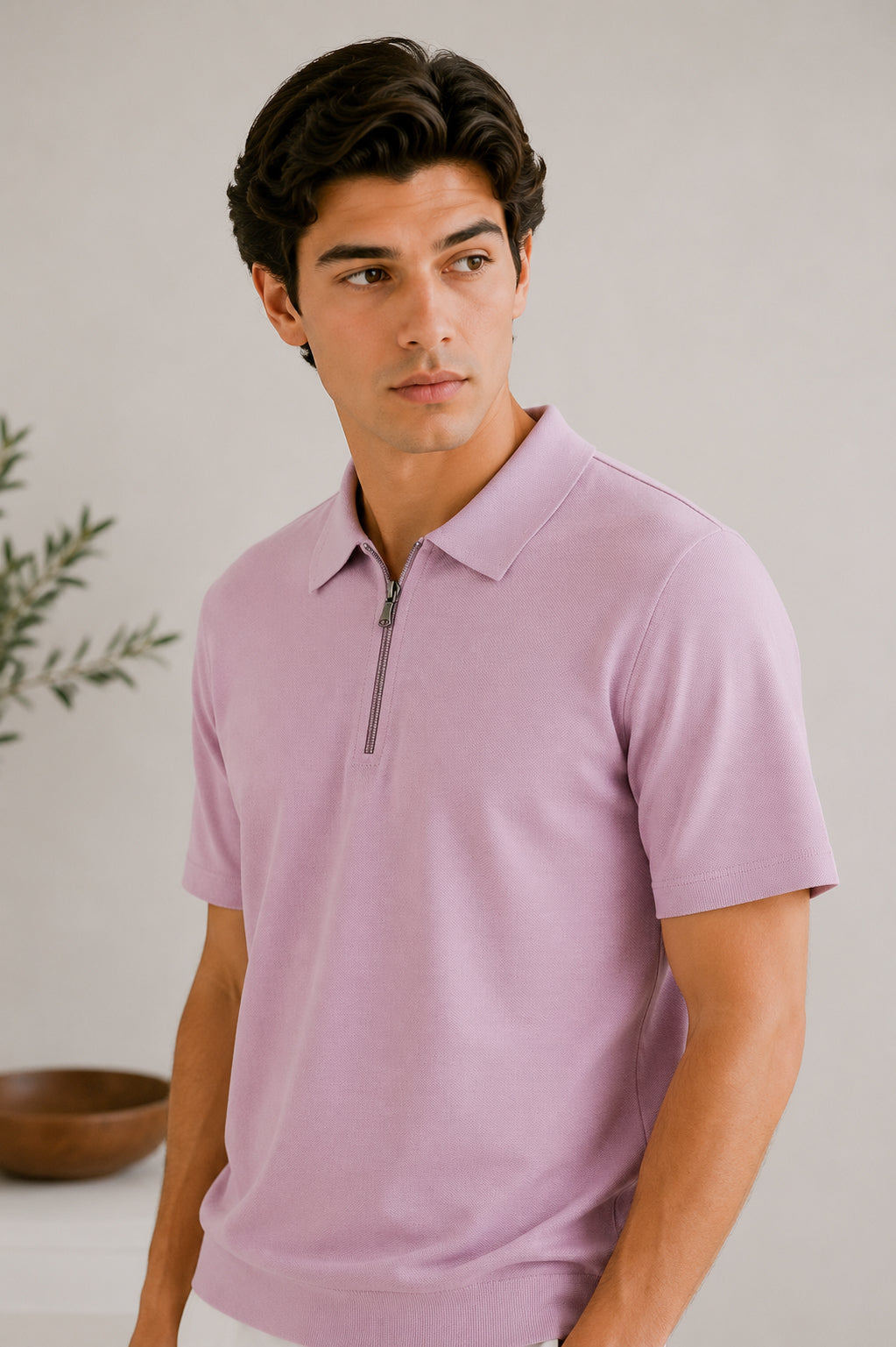 Light Pink Basic Zipper Polo - Smart Fit- Men