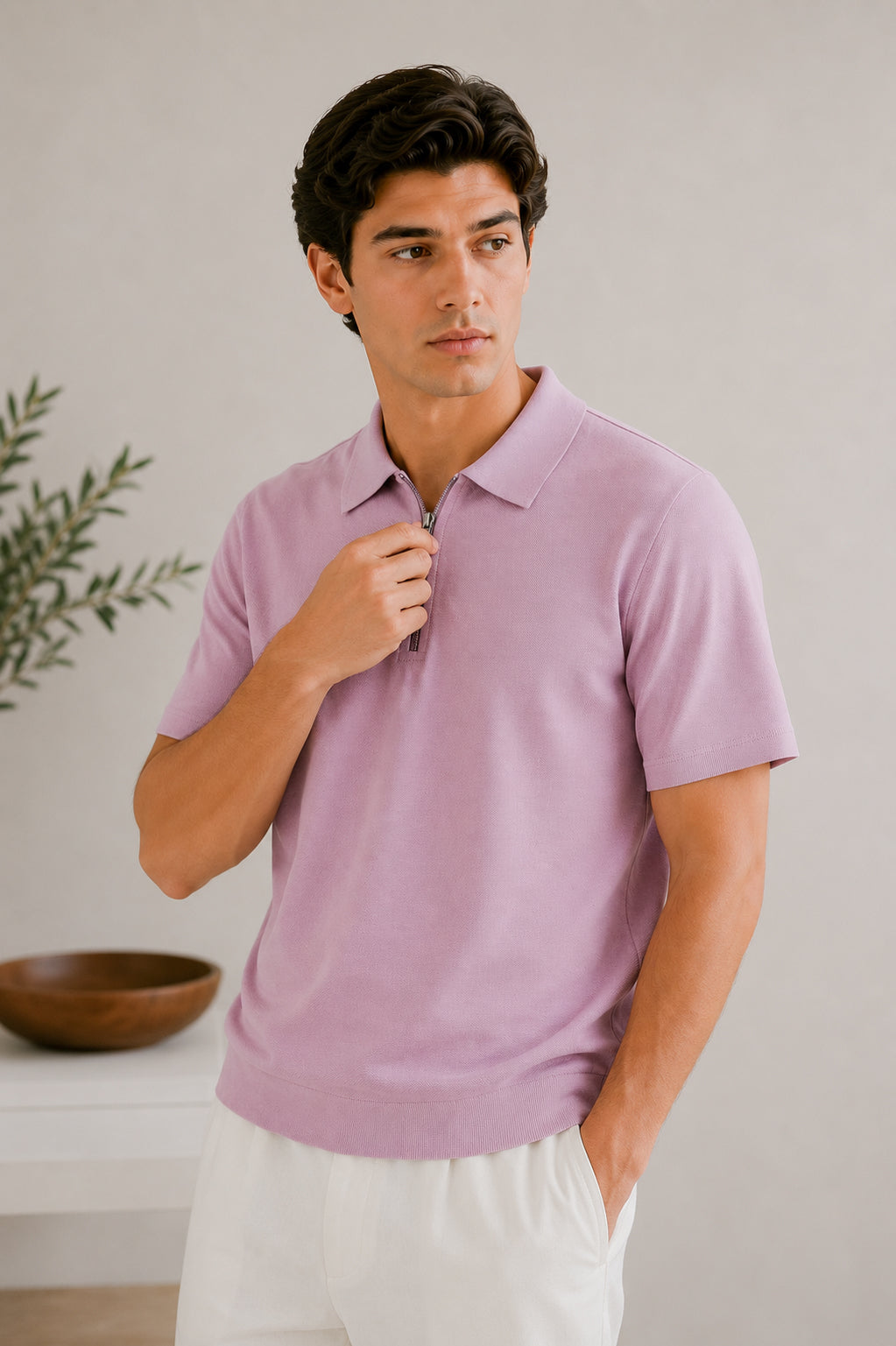 Light Pink Basic Zipper Polo - Smart Fit- Men