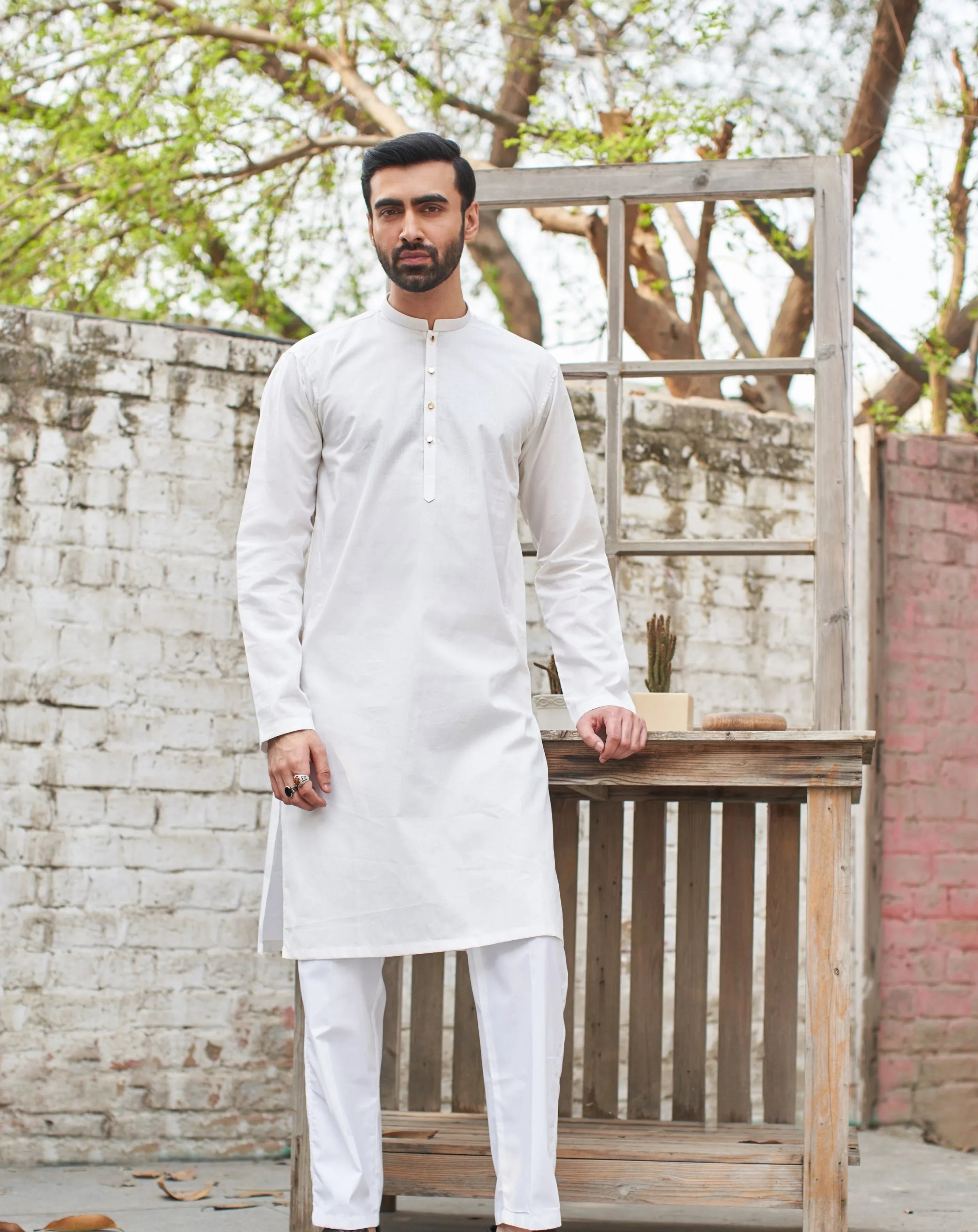 Off White Cotton Kurta Trouser - Men