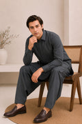 Charcoal Grey French Collar Kameez Shalwar - Men