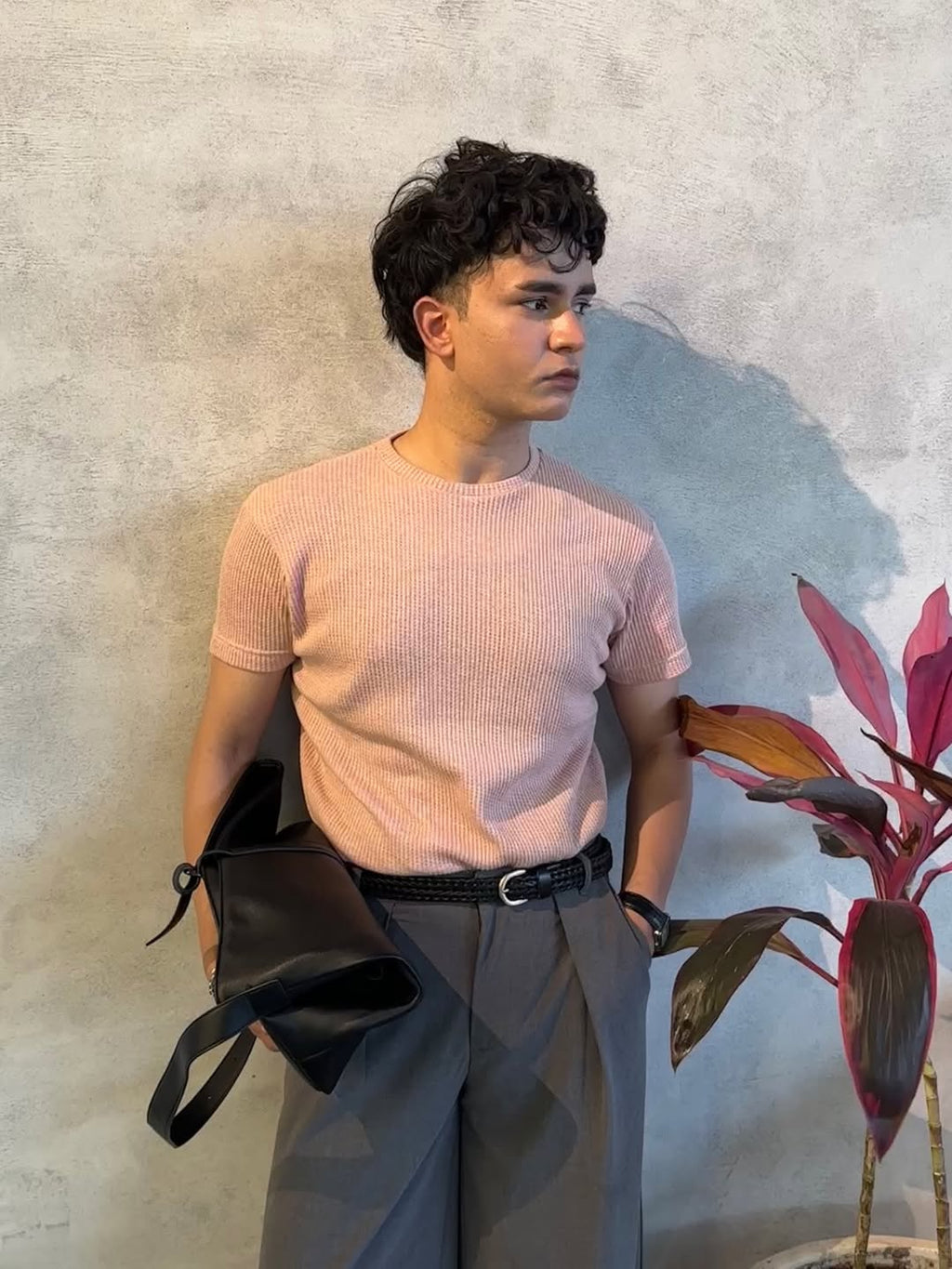 Pearl Pink Waffle Oversized Tee - Men