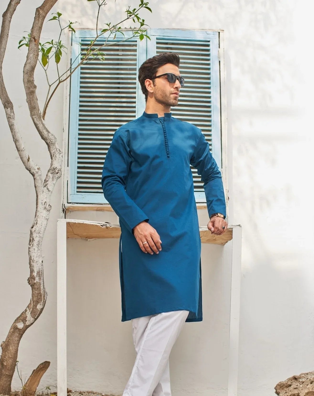 French Blue Cotton Kurta Trouser - Men