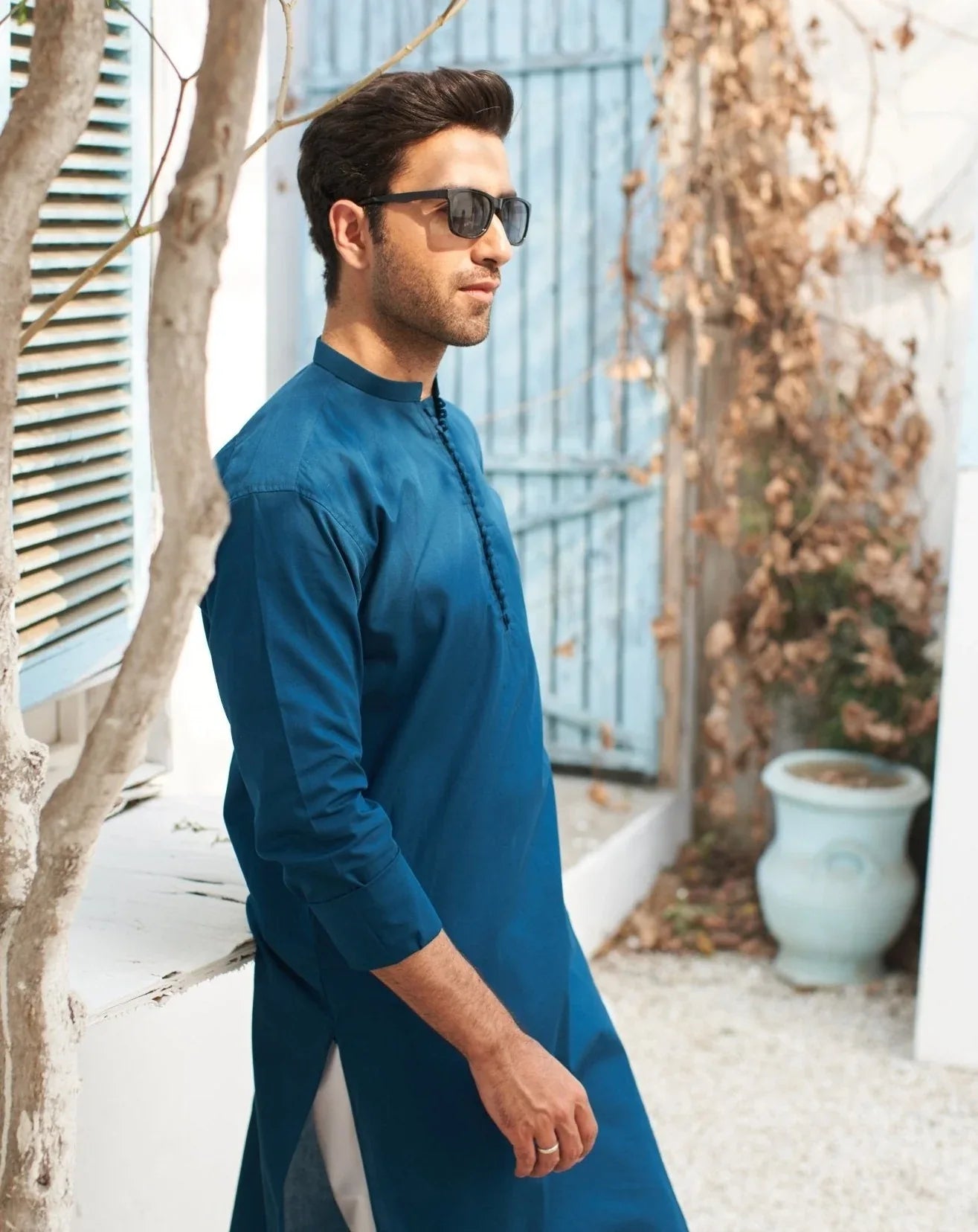French Blue Cotton Kurta Trouser - Men