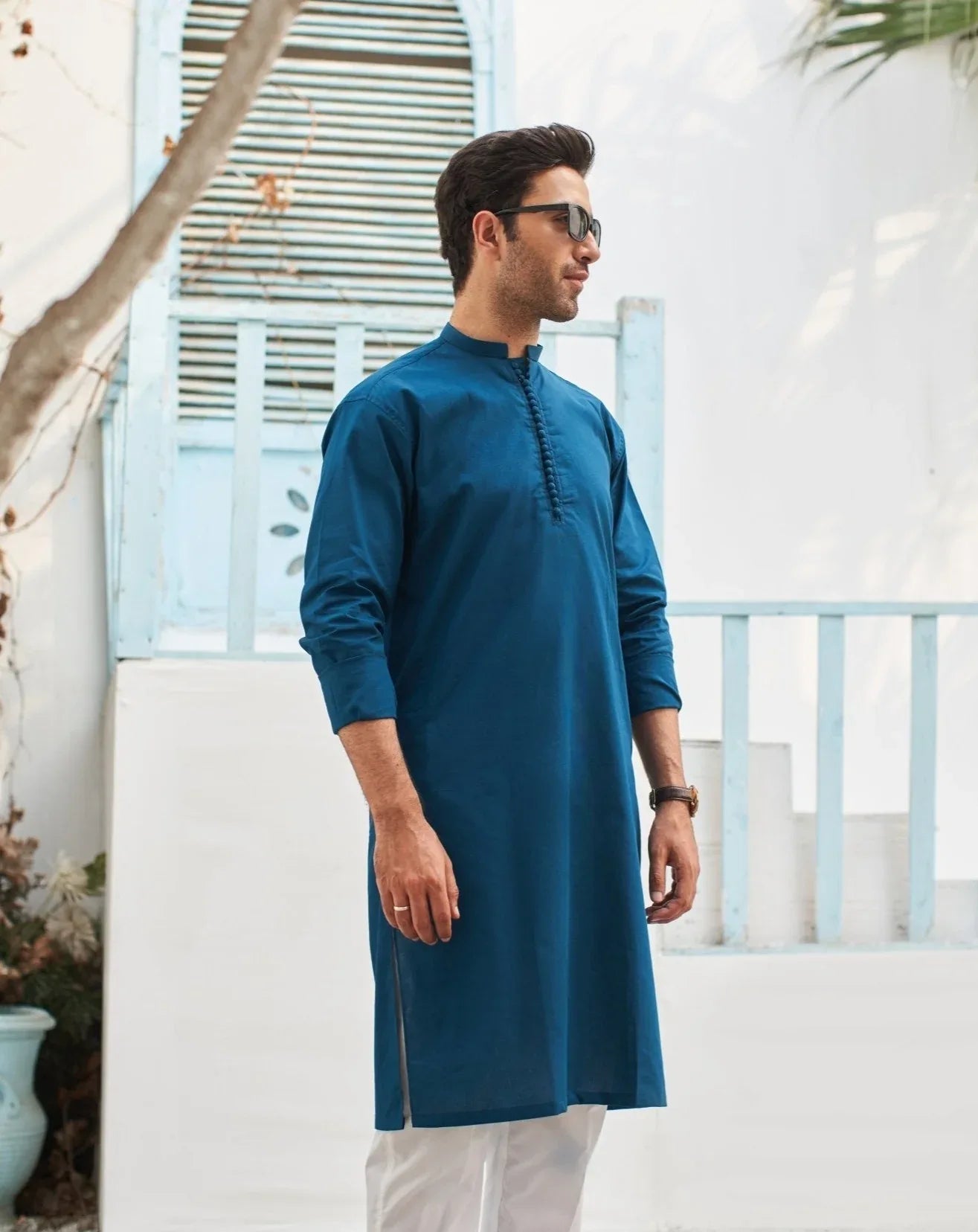 French Blue Cotton Kurta Trouser - Men
