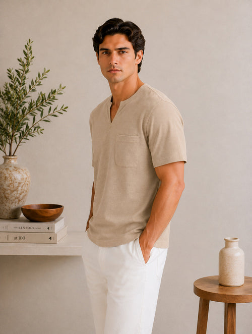 Beige V-neck Henley - Men