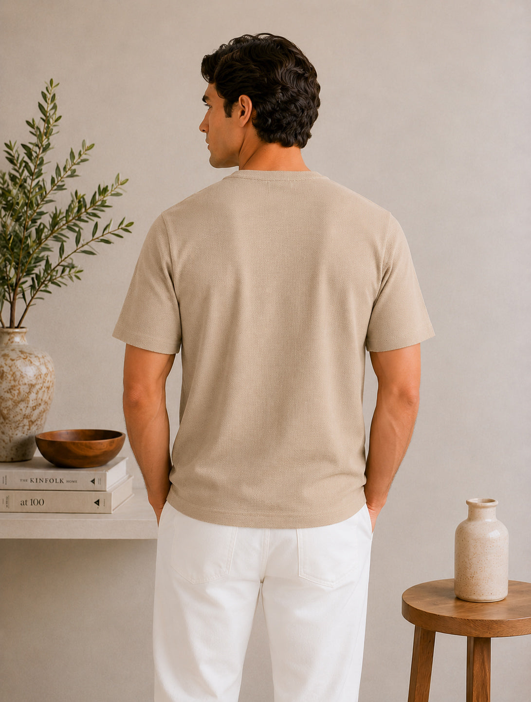 Beige V-neck Henley - Men