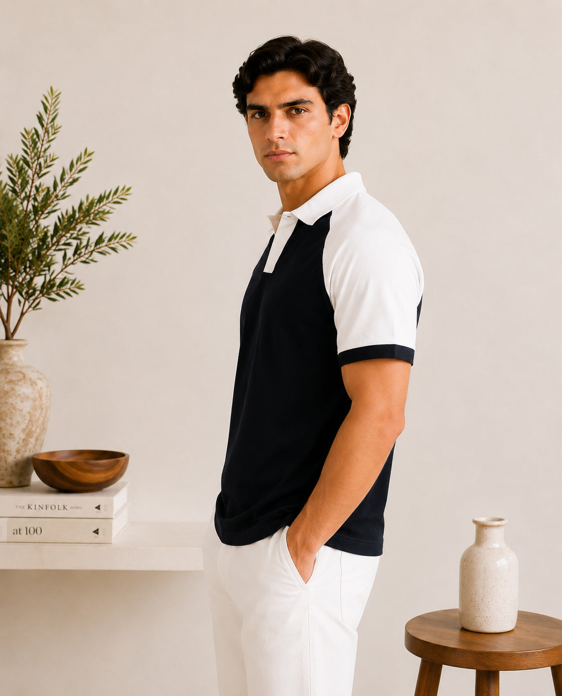 Black & White Contrast Raglan Polo - Men