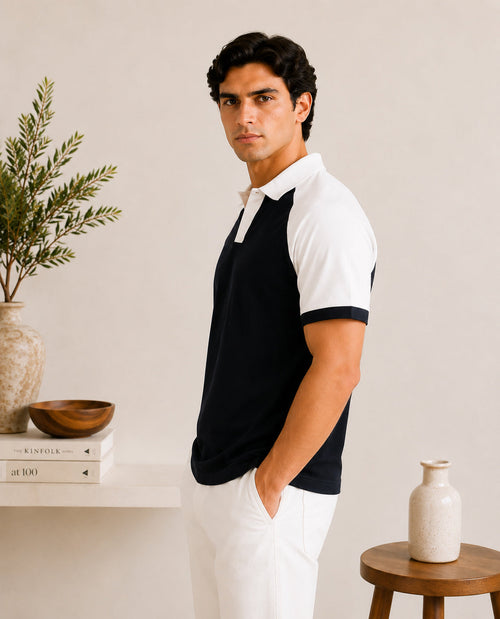 Black & White Contrast Raglan Polo - Men