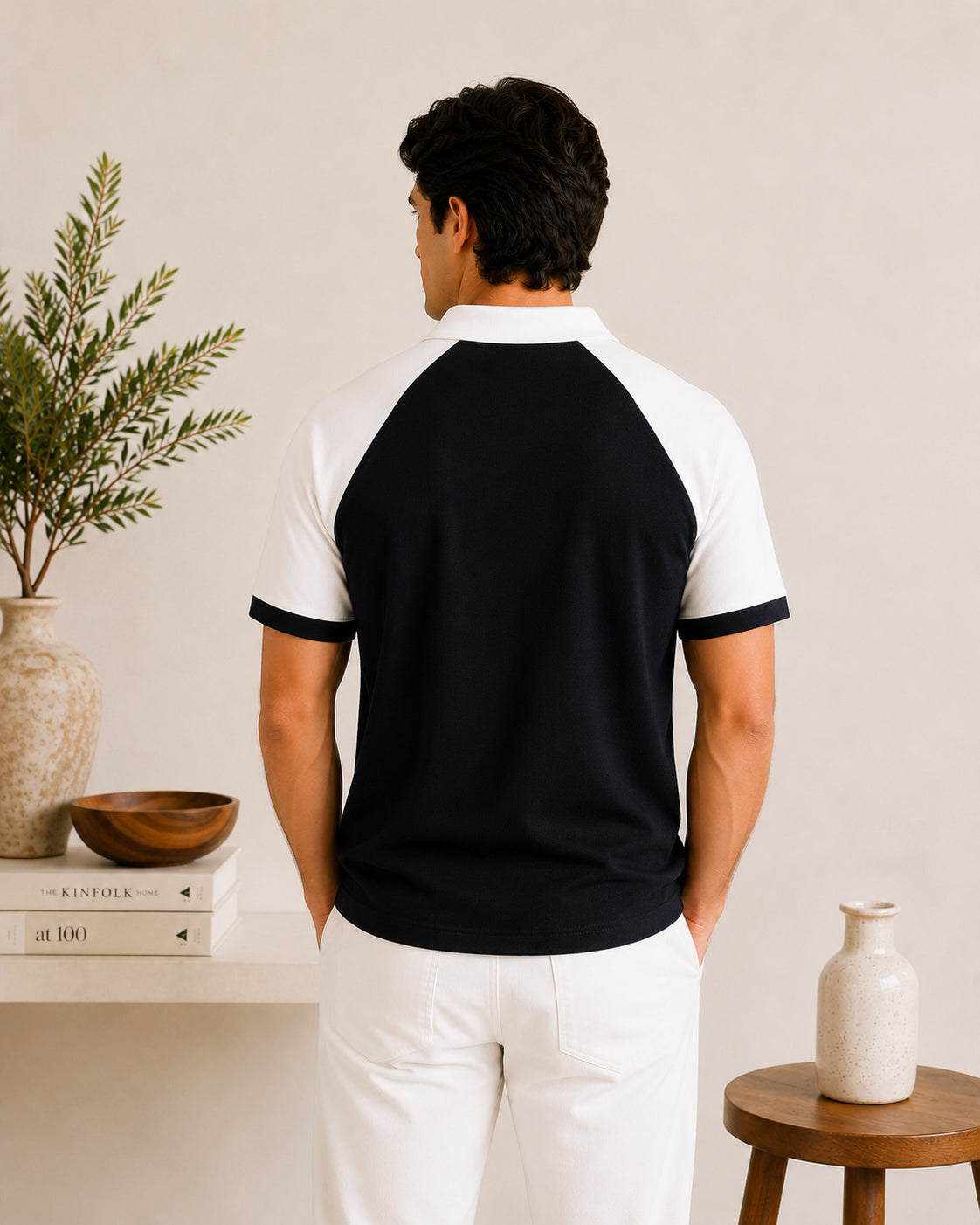 Black & White Contrast Raglan Polo - Men