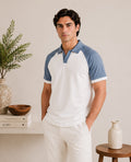 White and Sky Blue Contrast Raglan Polo - Men
