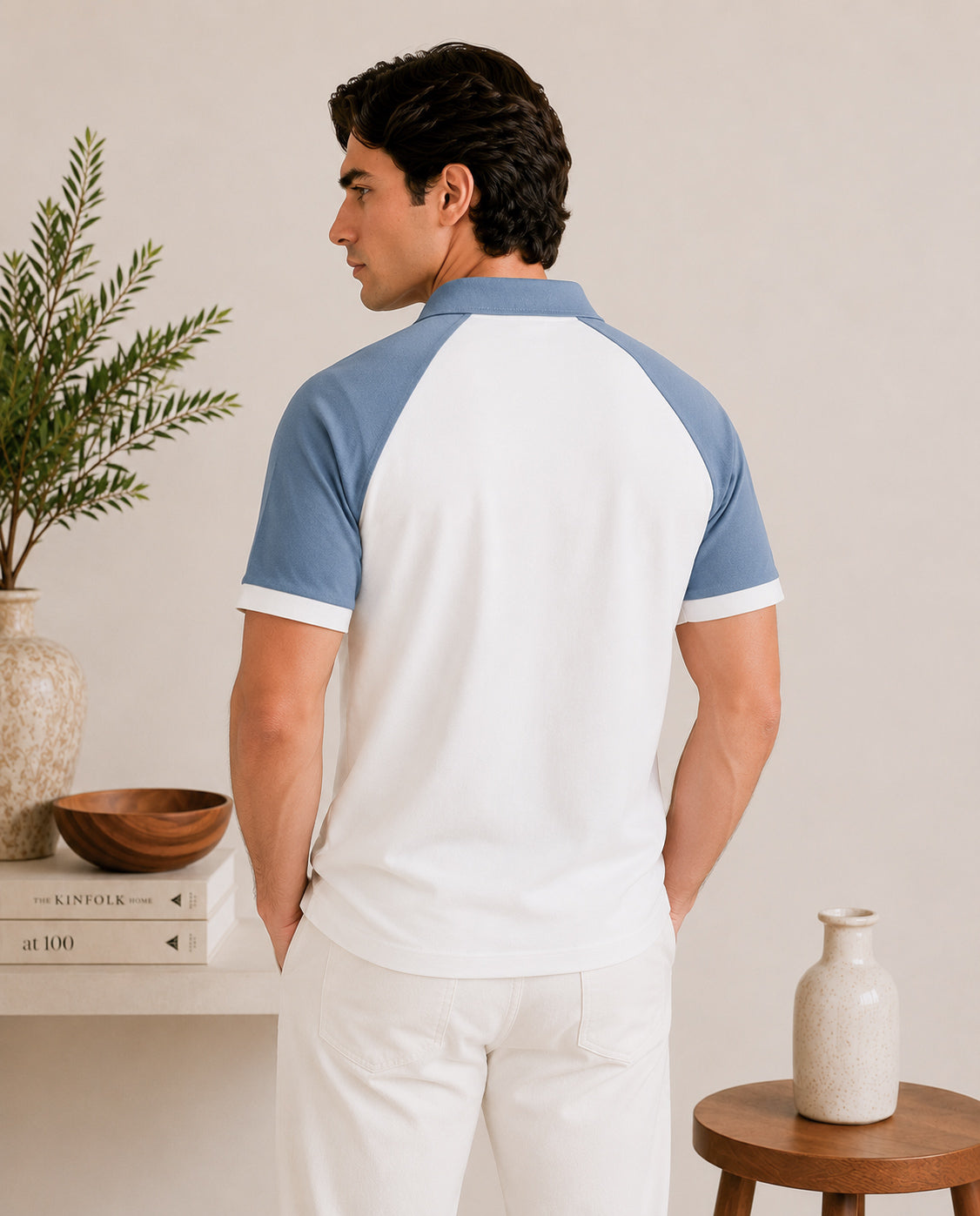 White and Sky Blue Contrast Raglan Polo - Men