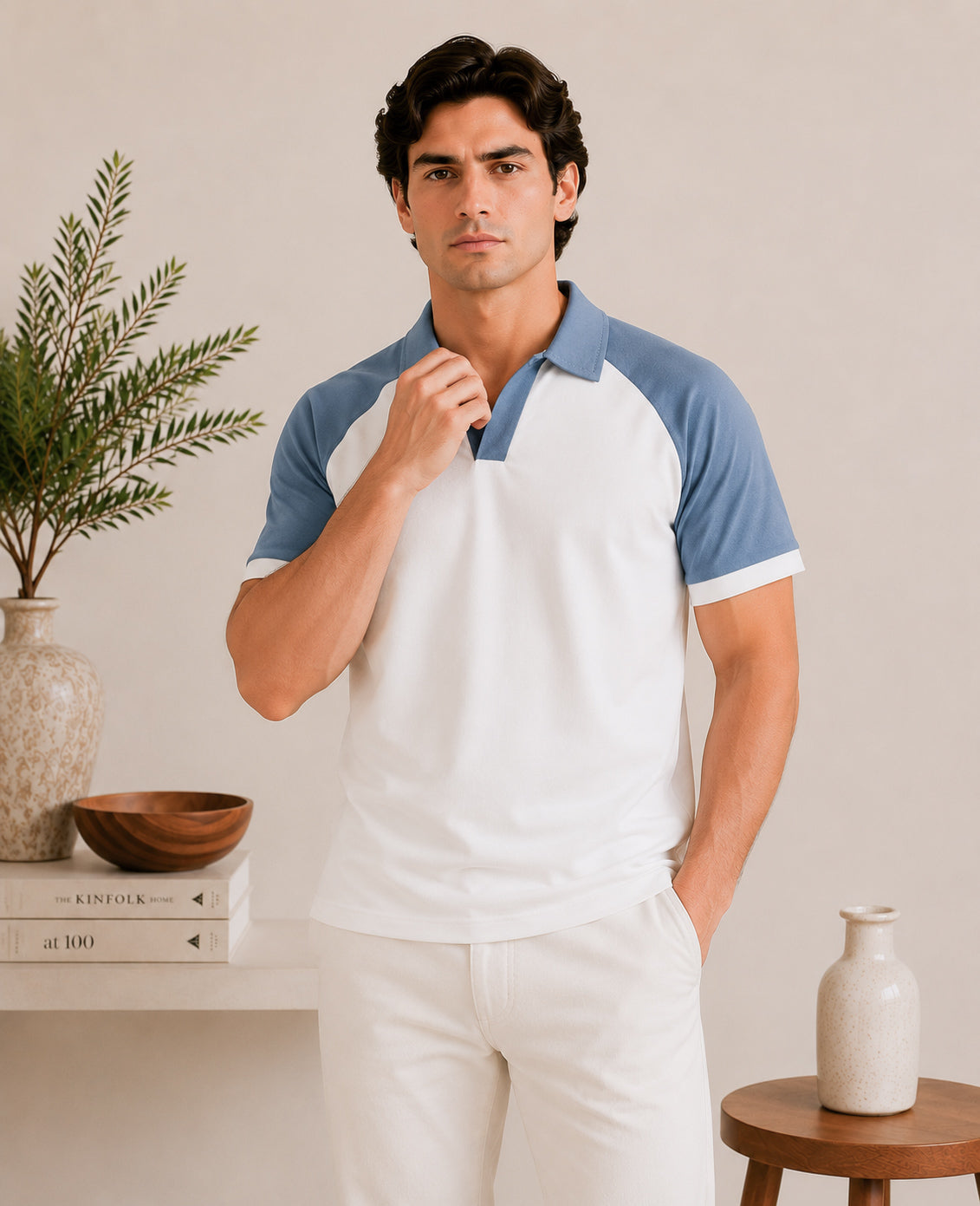 White and Sky Blue Contrast Raglan Polo - Men