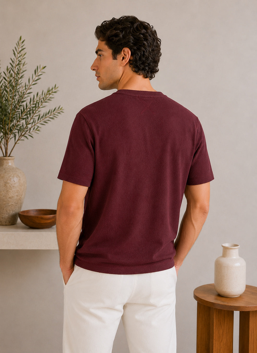Maroon V-neck Henley - Men