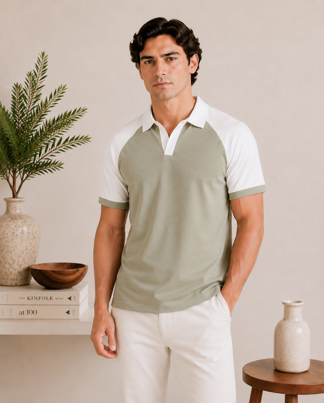 Mint and White Contrast Raglan Polo - Men