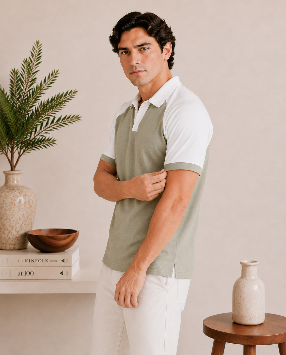 Mint and White Contrast Raglan Polo - Men