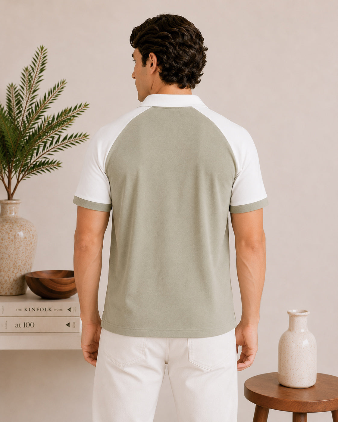 Mint and White Contrast Raglan Polo - Men