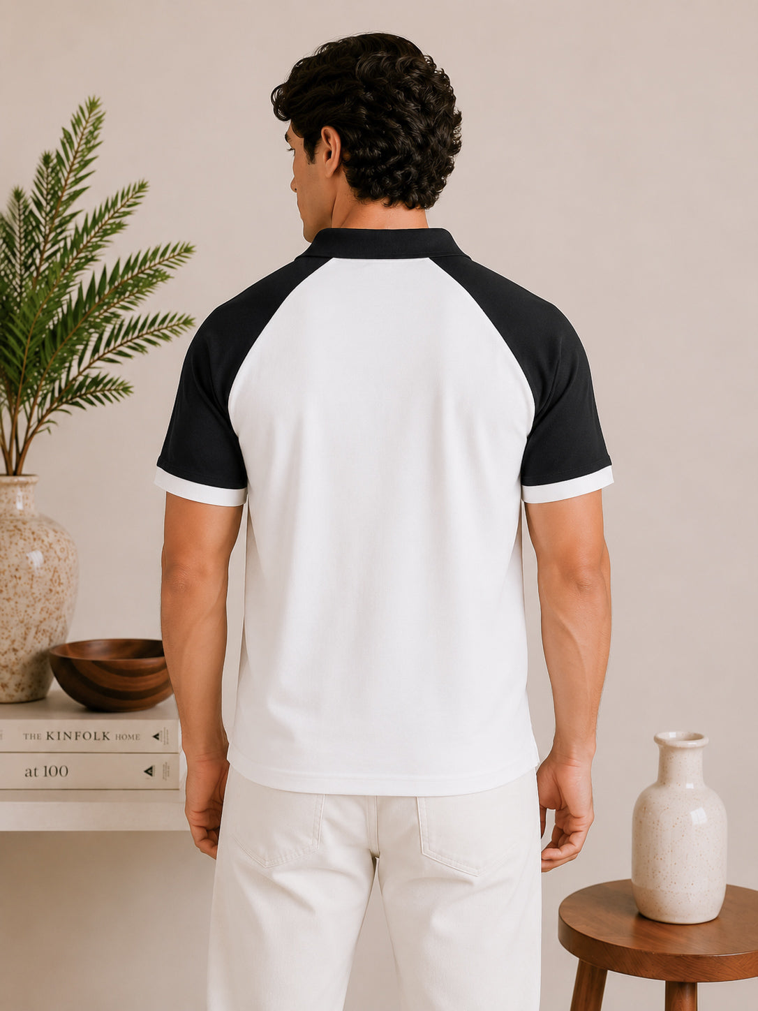 White & Black Contrast Raglan Polo - Men