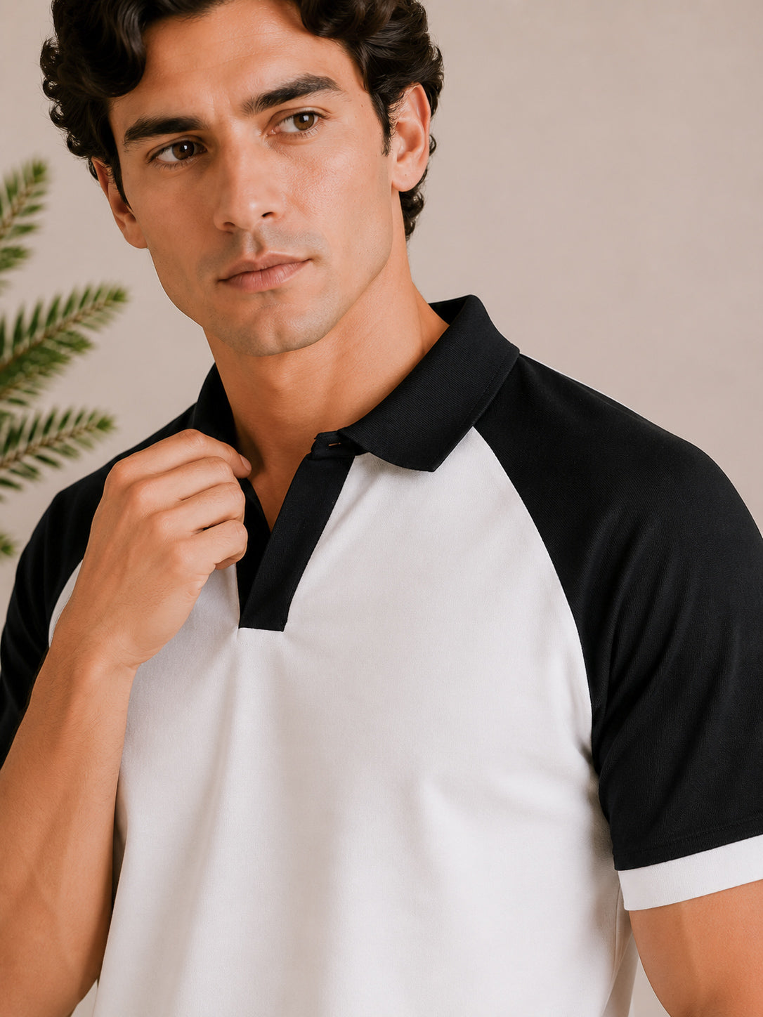 White & Black Contrast Raglan Polo - Men