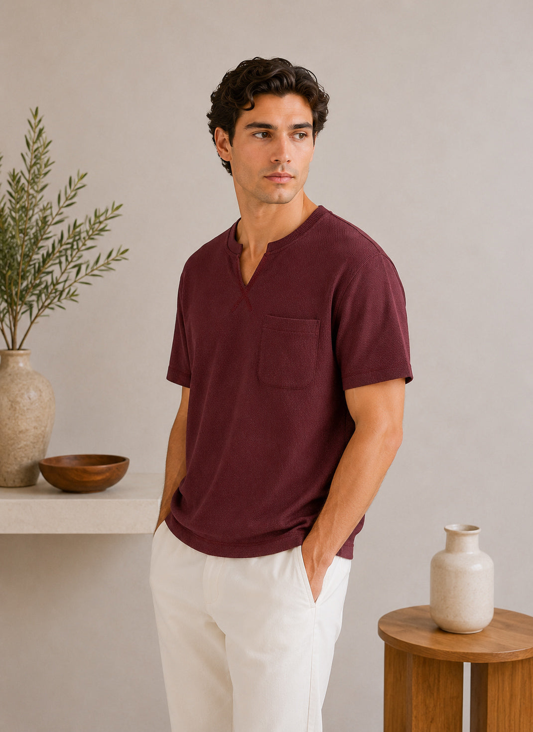 Maroon V-neck Henley - Men