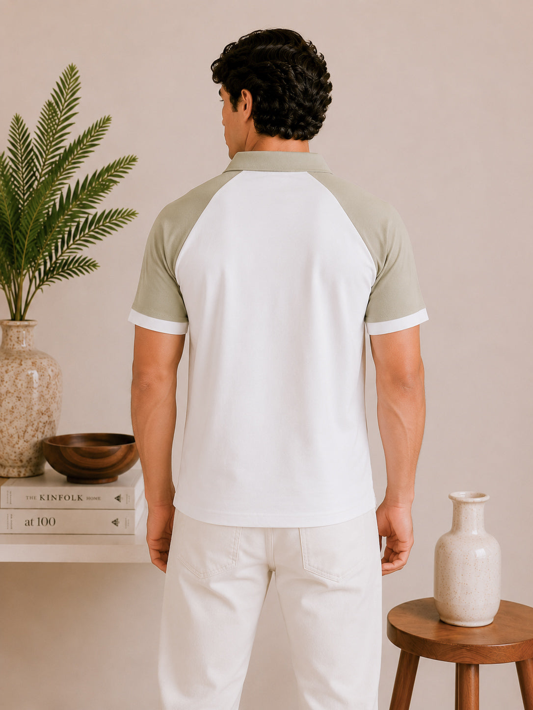 White and Mint Contrast Raglan Polo - Men