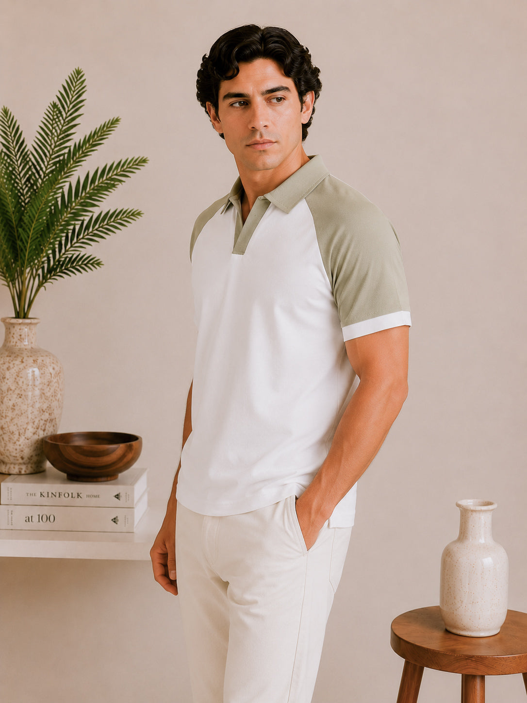 White and Mint Contrast Raglan Polo - Men