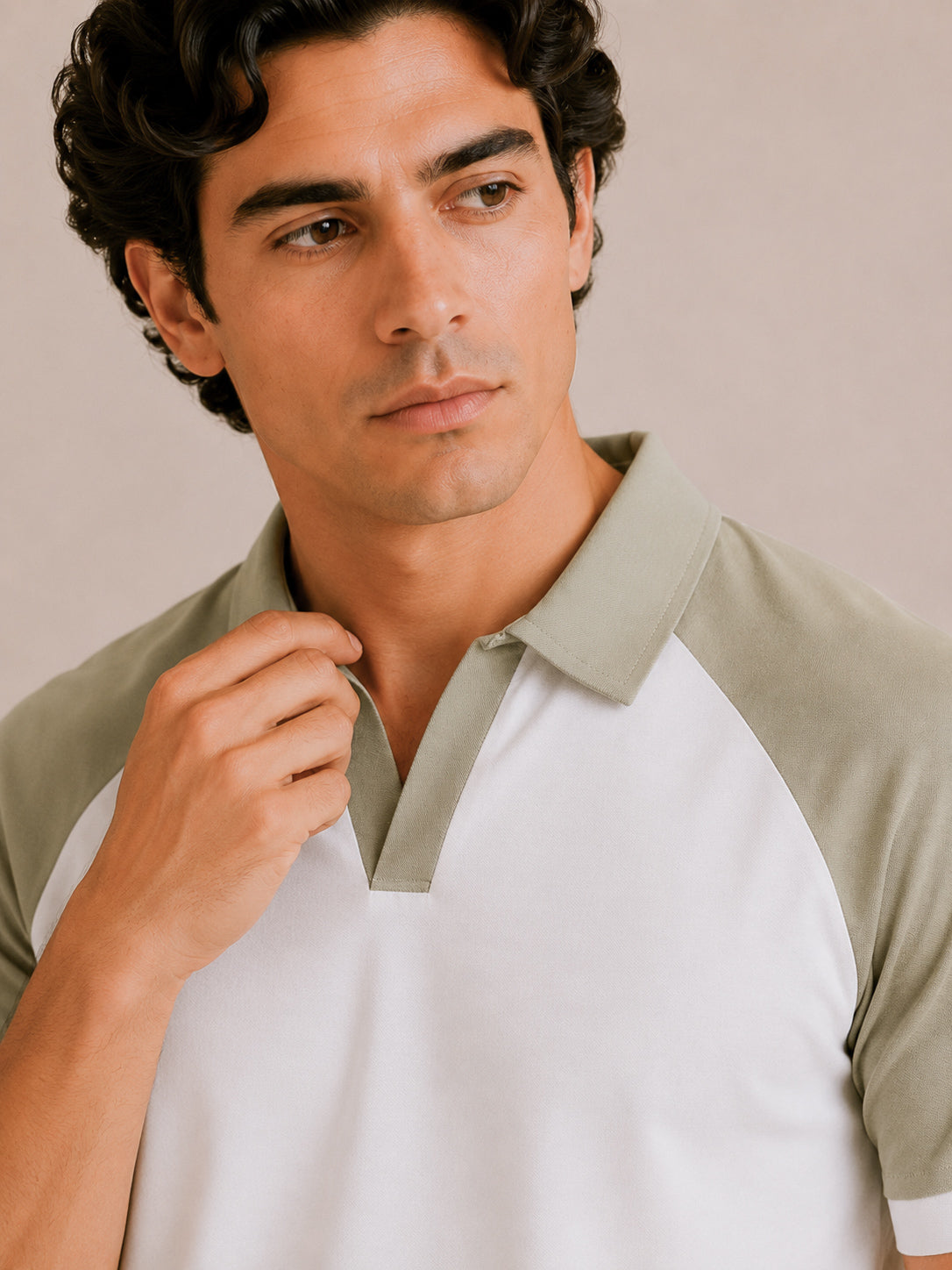 White and Mint Contrast Raglan Polo - Men