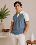 Sky Blue and White Contrast Raglan Polo - Men