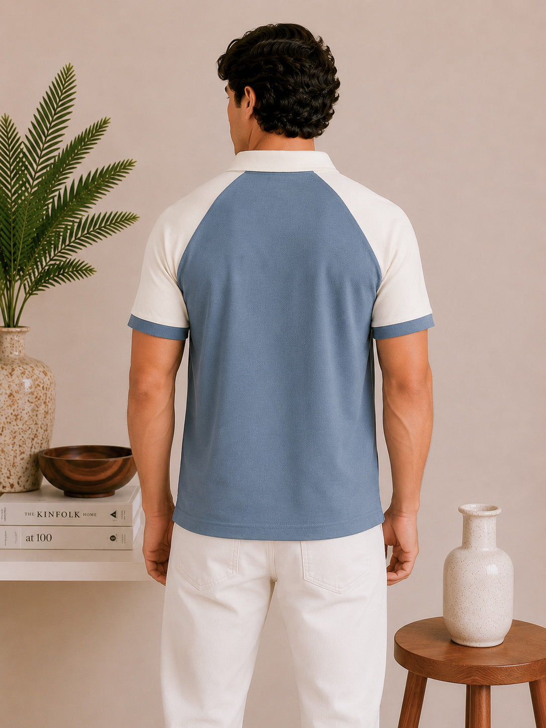 Sky Blue and White Contrast Raglan Polo - Men