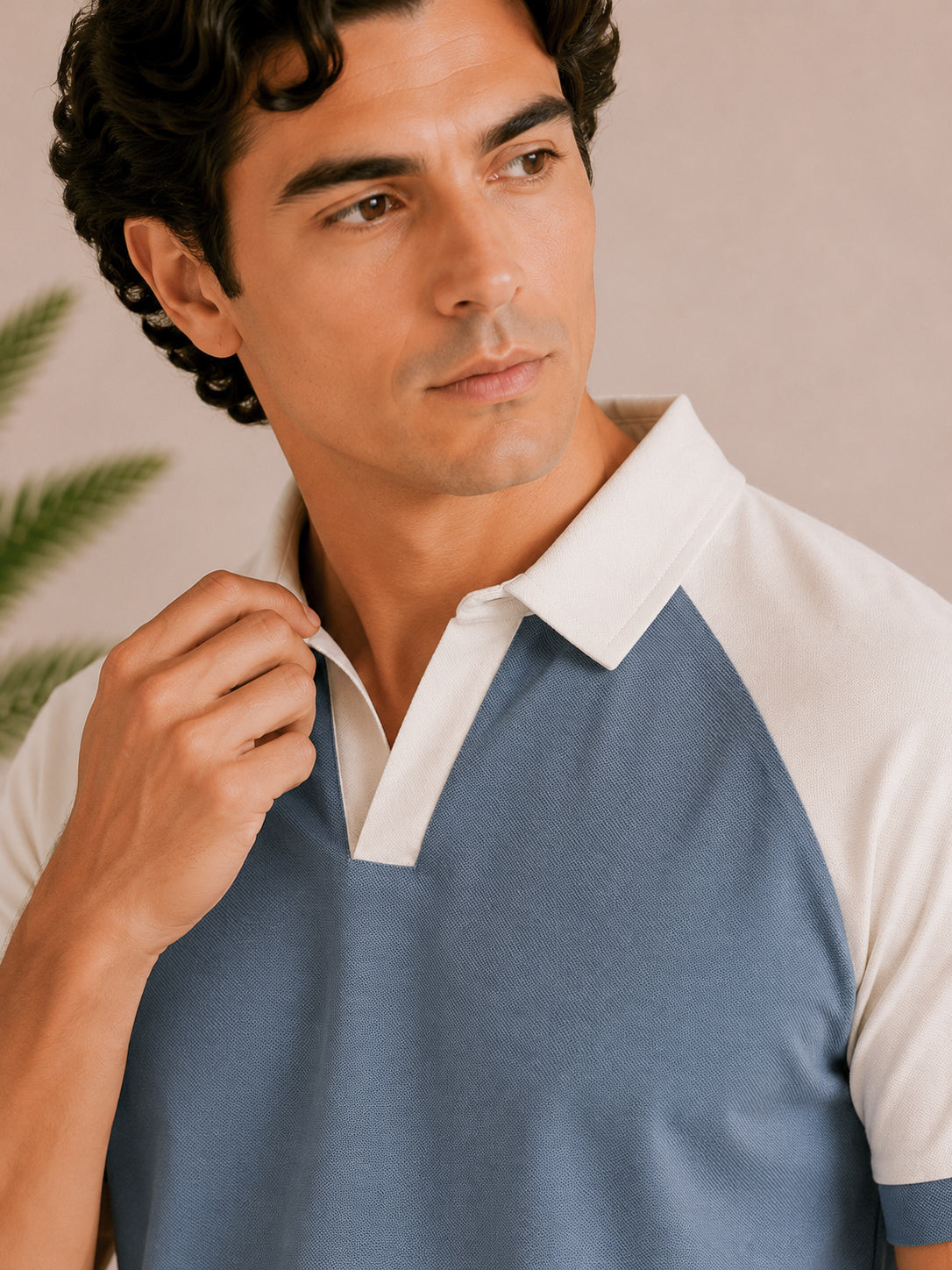 Sky Blue and White Contrast Raglan Polo - Men