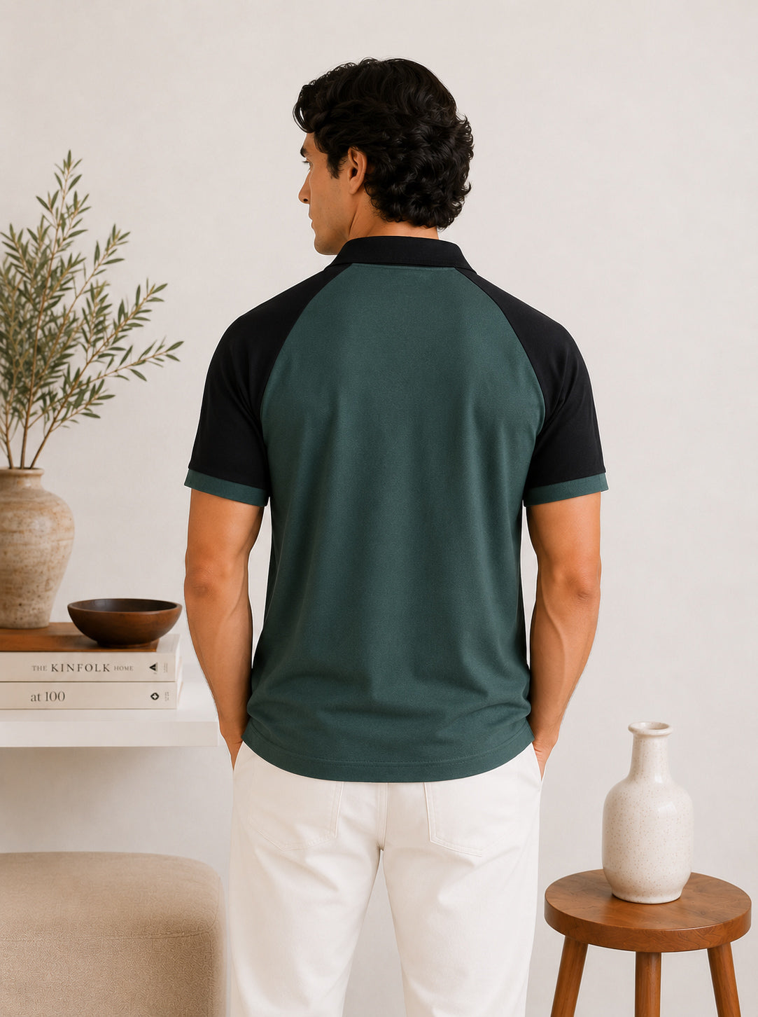 Green & Black Contrast Raglan Polo - Men