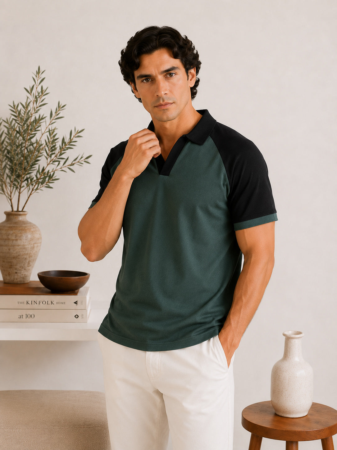 Green & Black Contrast Raglan Polo - Men
