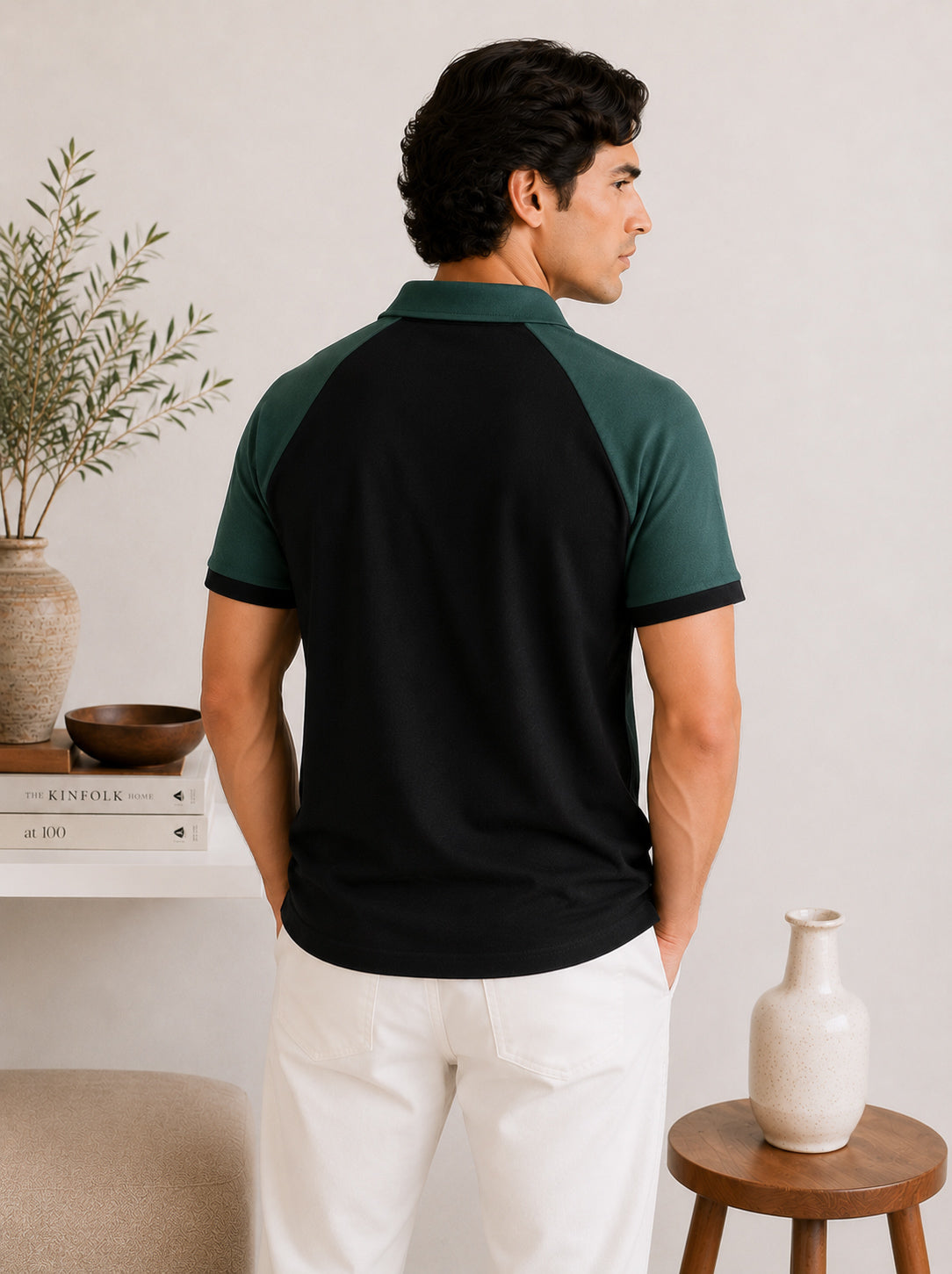 Black & Green Contrast Raglan Polo - Men