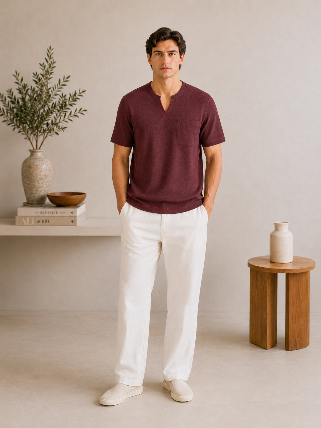 Maroon V-neck Henley - Men