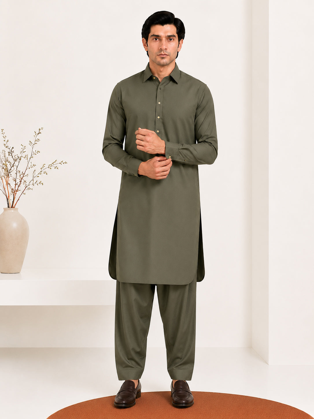 Olive Green French Collar Kameez Shalwar - Men