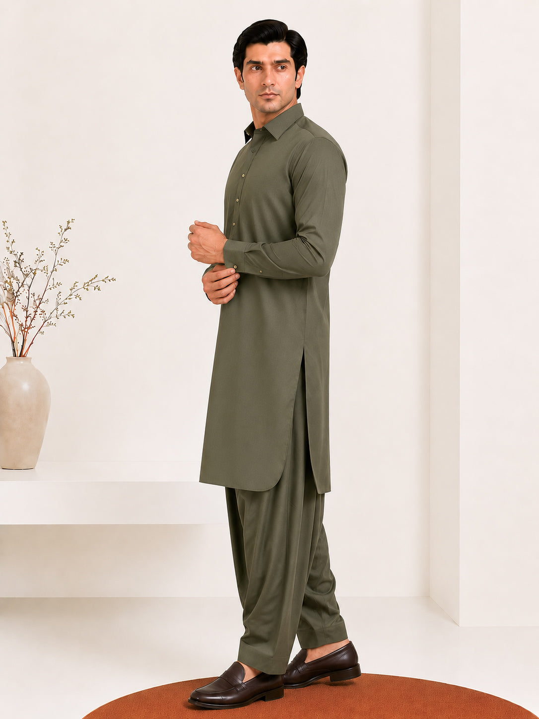 Olive Green French Collar Kameez Shalwar - Men