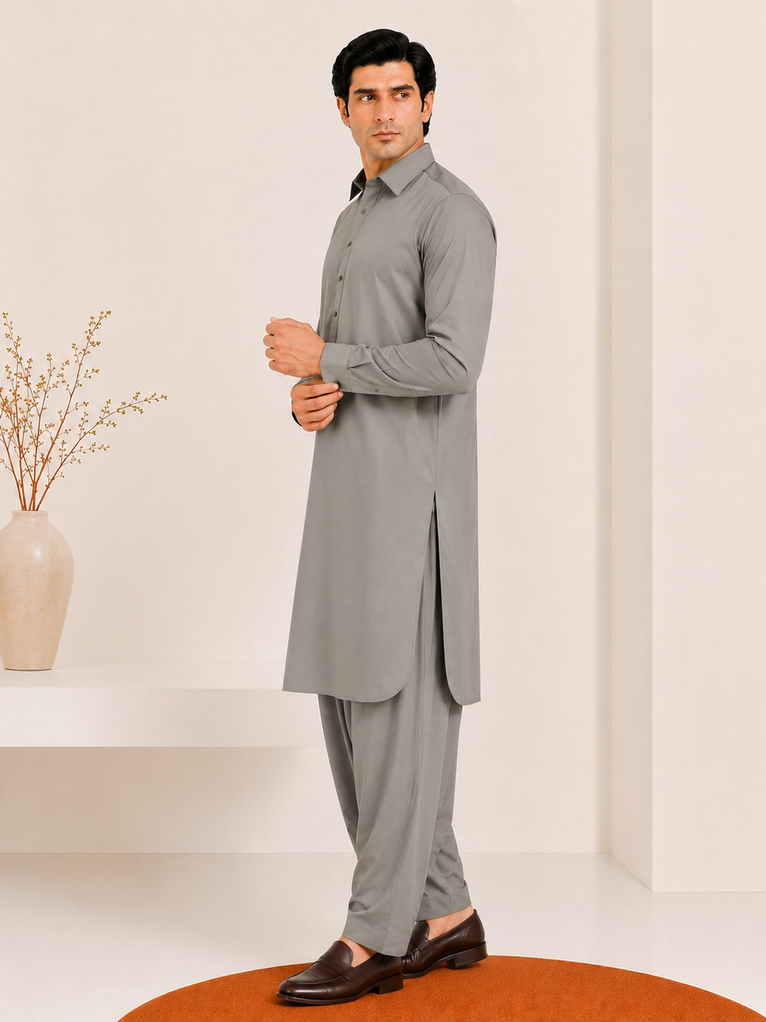 Sand Grey French Collar Kameez Shalwar - Men