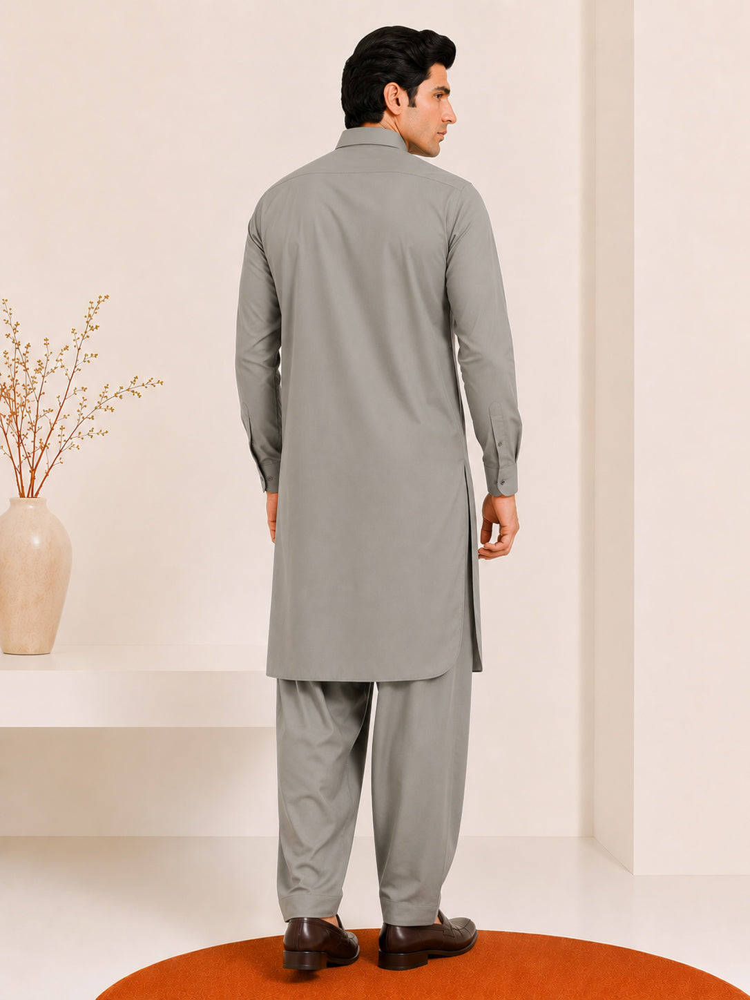 Sand Grey French Collar Kameez Shalwar - Men