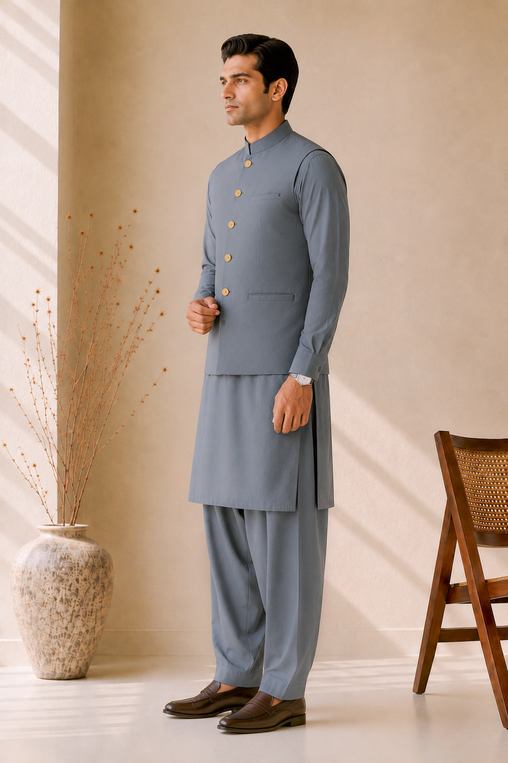 Bluish Grey Kurta Shalwar with Suiting Waistcoat - Straight Cut - Men