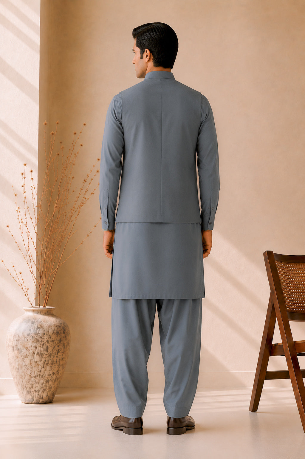 Bluish Grey Kurta Shalwar with Suiting Waistcoat - Straight Cut - Men