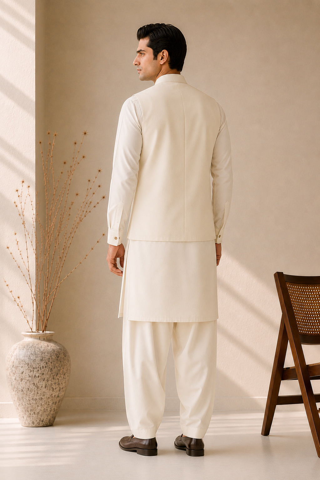 Bosky White Kurta Shalwar with Suiting Waistcoat - Straight Cut - Men