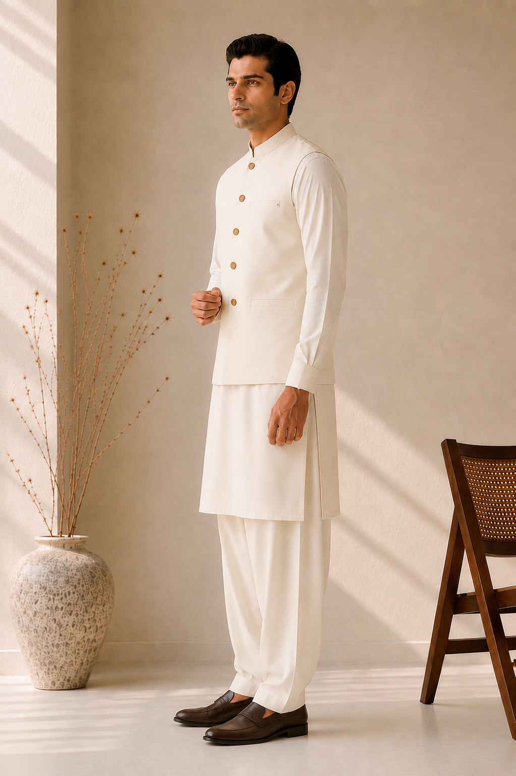 Bosky White Kurta Shalwar with Suiting Waistcoat - Straight Cut - Men