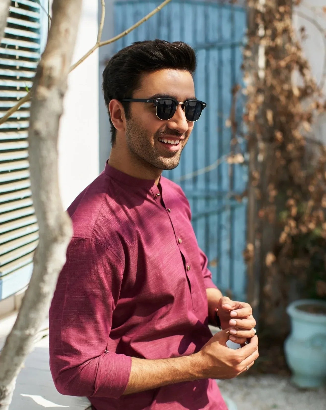 Textured Wine Cotton Kurta Trouser - Men